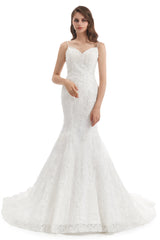 Mermaid Spaghetti strap Sweetheart Sequined Floor-length Sleeveless Backless Appliques Lace Wedding Dress