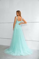 Mermaid Square Lace Applique Floor-length Sleeveless Backless Prom Dress with Side Train