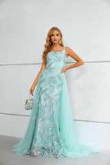 Mermaid Square Lace Applique Floor-length Sleeveless Backless Prom Dress with Side Train