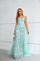 Mermaid Square Lace Applique Floor-length Sleeveless Backless Prom Dress with Side Train