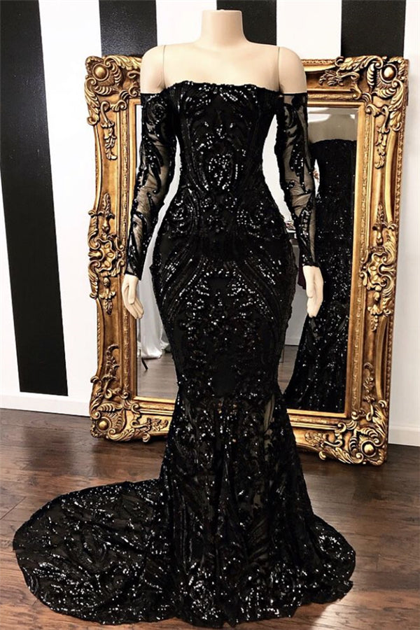 Mermaid Strapless Court Length Long Sleeve Beaded Paillette Embroidery Prom Dress