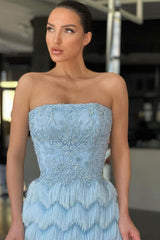 Mermaid Strapless Floor-length Cap Sleeve Appliques Lace with Feather Prom Dress