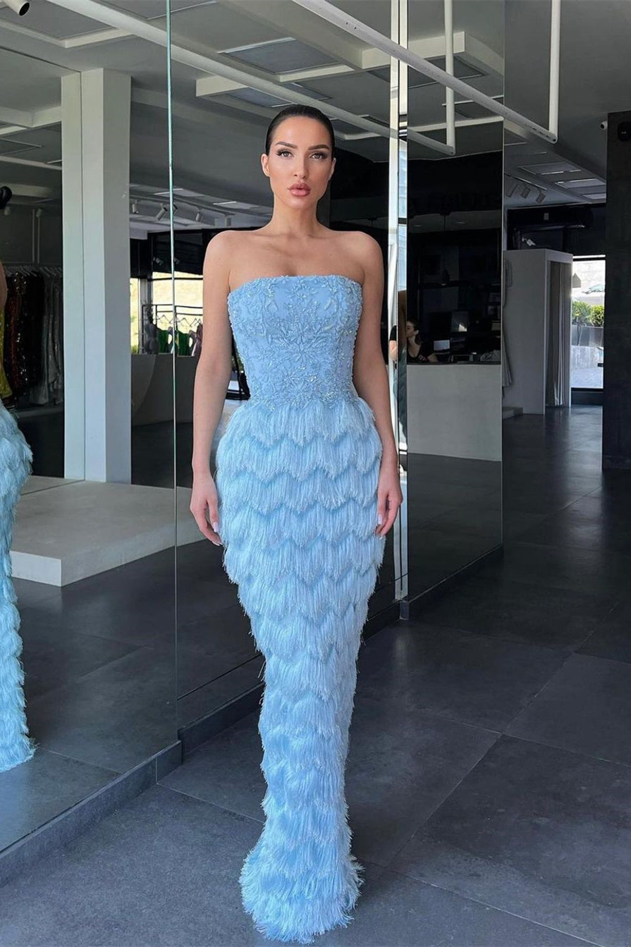 Mermaid Strapless Floor-length Cap Sleeve Appliques Lace with Feather Prom Dress