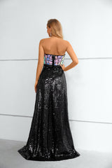 Mermaid Strapless Sequined Floor-length Sleeveless Backless Lace Prom Dress