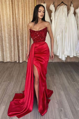 Mermaid Strapless Sequined High Split Floor-length Sleeveless Prom Dress