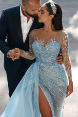 Mermaid Strapless Sweetheart Floor-length With Side Train Appliques Lace High Split Long Sleeve Prom Dress