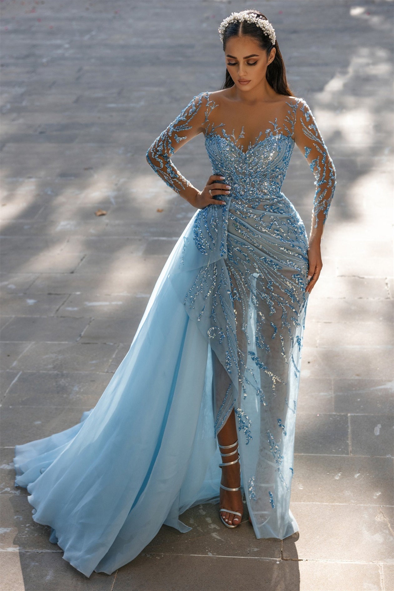 Mermaid Strapless Sweetheart Floor-length With Side Train Appliques Lace High Split Long Sleeve Prom Dress