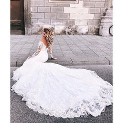 Mermaid Sweetheart Long Sleeve Floor Length Chapel Backless Applique Wedding Dress
