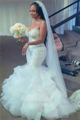 Mermaid Sweetheart Short Train Organza Paillette Applique Wedding Dress