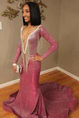 Mermaid Transparent Deep V-neck -Round Collar Floor Length Sequin Fringe Prom Dress