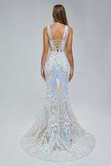 Mermaid V-neck Backless Lace Sequined Floor-length Long Sleeve Elegant Prom Dress