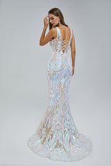 Mermaid V-neck Backless Lace Sequined Floor-length Long Sleeve Elegant Prom Dress