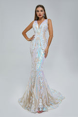 Mermaid V-neck Backless Lace Sequined Floor-length Long Sleeve Elegant Prom Dress