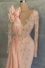 Mermaid V-neck Beading Sequined Floor-length Long Sleeve Appliques Lace Flower Prom Dress