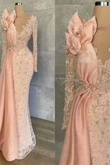 Mermaid V-neck Beading Sequined Floor-length Long Sleeve Appliques Lace Flower Prom Dress