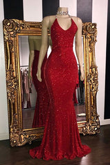 Mermaid V-neck Halter Floor Length Ruffle Hem Paillette Prom Dress