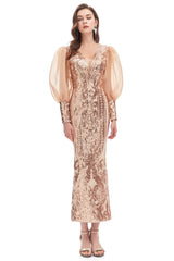 Mermaid V-neck Lace Sequined Floor-length Long Sleeve Bubble Sleeves Prom Dress