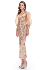 Mermaid V-neck Lace Sequined Floor-length Long Sleeve Bubble Sleeves Prom Dress