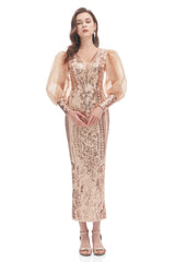 Mermaid V-neck Lace Sequined Floor-length Long Sleeve Bubble Sleeves Prom Dress