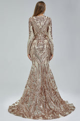 Mermaid V-neck Lace Sequined Floor-length Long Sleeve Elegant Prom Dress