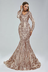 Mermaid V-neck Lace Sequined Floor-length Long Sleeve Elegant Prom Dress