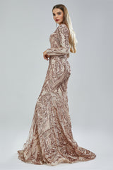 Mermaid V-neck Lace Sequined Floor-length Long Sleeve Elegant Prom Dress