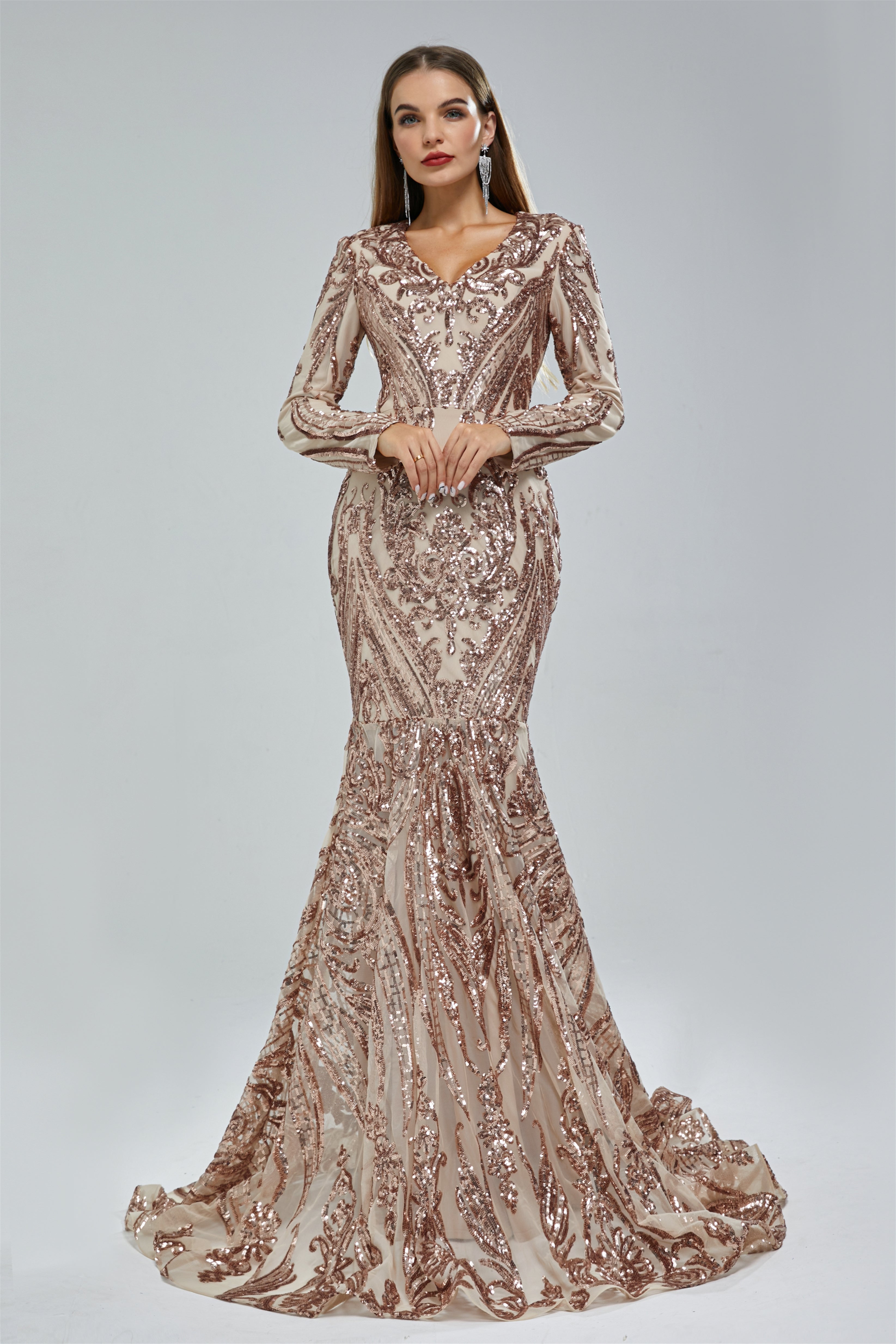 Mermaid V-neck Lace Sequined Floor-length Long Sleeve Elegant Prom Dress