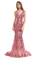 Mermaid V-neck Lace Sequined Floor-length Sleeveless Open Back Prom Dress