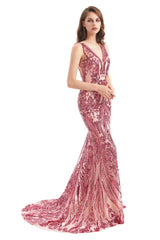 Mermaid V-neck Lace Sequined Floor-length Sleeveless Open Back Prom Dress