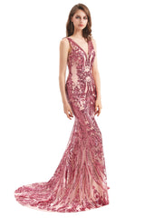 Mermaid V-neck Lace Sequined Floor-length Sleeveless Open Back Prom Dress