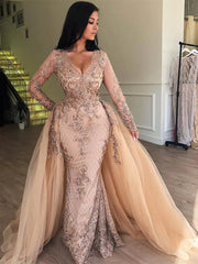 Mermaid V-neck Long Sleeve Floor Length Tulle Embriodery Prom Dress