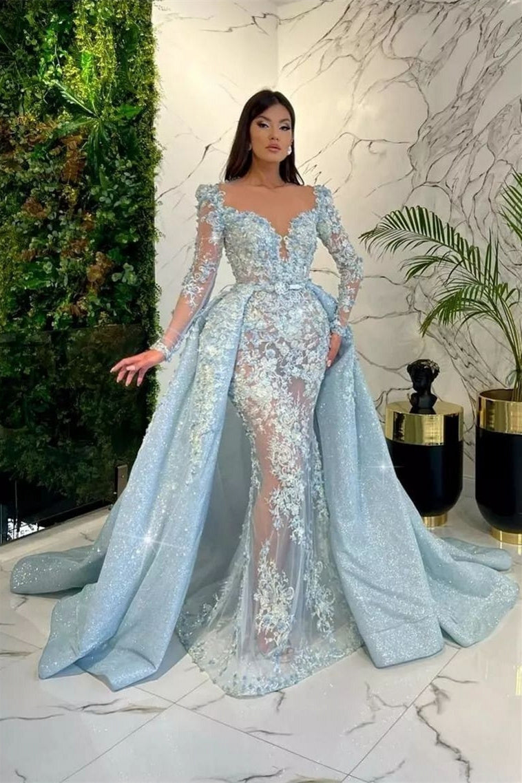 Mermaid V-neck Long Sleeve Lace Applique Floor-length detachable train Prom Dress