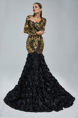 Mermaid V-neck Long sleeves Floor-length Backless Flower Sequined Beautiful Prom Dress