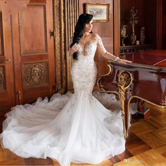Mermaid V-neck Long Sleeves Floor Length Tulle Beading Applique Wedding Dress