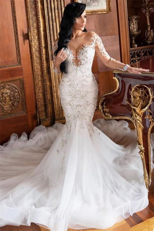 Mermaid V-neck Long Sleeves Floor Length Tulle Beading Applique Wedding Dress