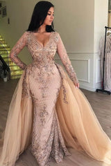 Mermaid V-neck Long Sleevess Appliques Prom Dresses with Detachable Skirt