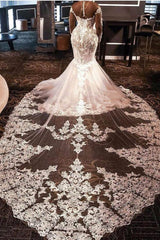 Mermaid V-neck Long Train Long Sleeves Tulle Beading Applique Wedding Dress