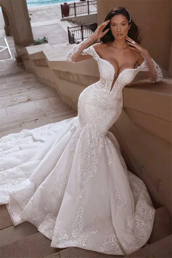 Mermaid V-neck Off-the-shoulder Long Train Organza Paillette Applique Wedding Dress
