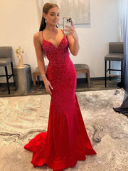 Mermaid V Neck Red Glitter Satin Prom Dress