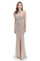 Mermaid V-neck Sequined Beading With Shawl High Split Floor-length Sleeveless Prom Dress