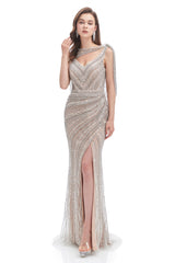 Mermaid V-neck Sequined Beading With Shawl High Split Floor-length Sleeveless Prom Dress