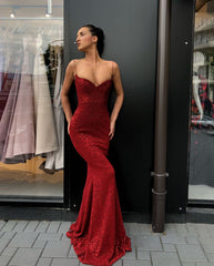 Mermaid V-neck Spaghetti Strap Floor Length Paillette Prom Dress