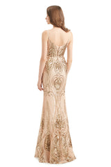 Mermaid V-neck Spaghetti strap Lace Sequined Floor-length Sleeveless Backless Prom Dress