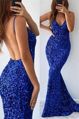 Mermaid V-neck Spaghetti Strap Sequined Floor-length Sleeveless Prom Dress