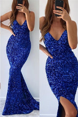 Mermaid V-neck Spaghetti Strap Sequined Floor-length Sleeveless Prom Dress