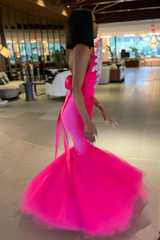 Mermaid V-Neck Staps Floor Length Sleeveless Backless Applique Ruffled Tulle Bowknot Prom Dress