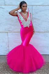 Mermaid V-Neck Staps Floor Length Sleeveless Backless Applique Ruffled Tulle Bowknot Prom Dress