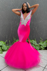 Mermaid V-Neck Staps Floor Length Sleeveless Backless Applique Ruffled Tulle Bowknot Prom Dress