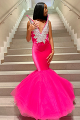 Mermaid V-Neck Staps Floor Length Sleeveless Backless Applique Ruffled Tulle Bowknot Prom Dress