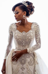 Mermaid Wedding Dresses with Trendy Overskirt Beads Lace Appliques Long Sleeves Bridal Gowns